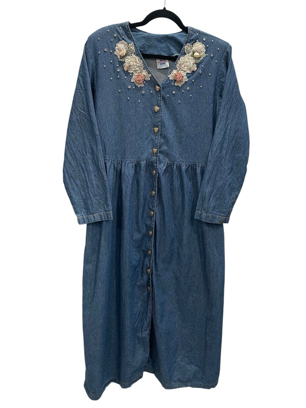 VTG Dimension Denim Maxi Dress Embroidered Floral Pearl Stud One Size USA Made